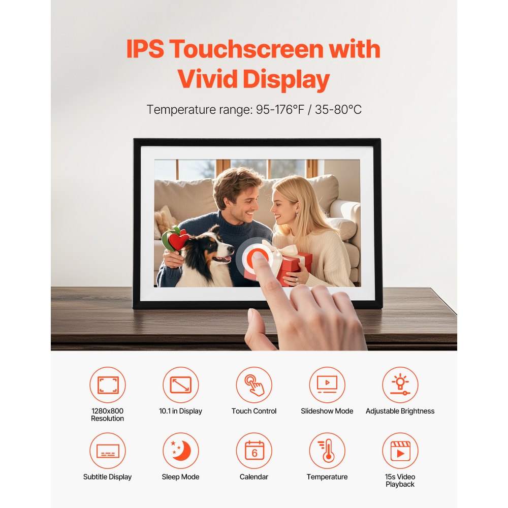 VEVOR Digital Picture Frame 10.1 Inch, 1280x800 HD IPS Touch Screen Electronic Photo Frame, 32GB Memory, Auto-Rotate Portrait and Landscape, Share Photos/Videos Instantly via App, for Parents Friends