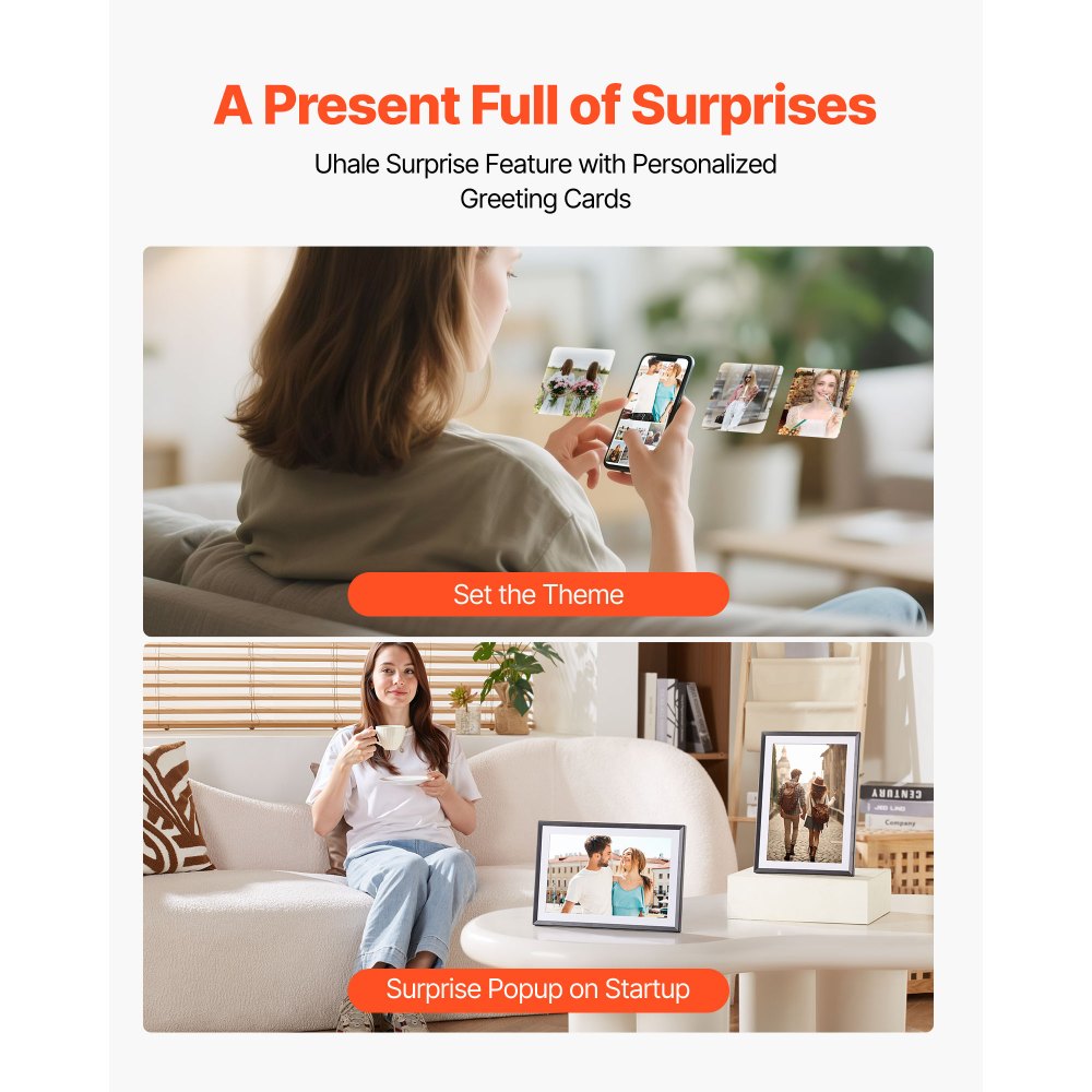 VEVOR 10.1 Inch Digital Picture Frames (2-PK), 1280x800 HD IPS Touch Screen Electronic Photo Frame, 32GB Memory, Auto-Rotate Portrait or Landscape, Share Moments Instantly via App, for Parents Friends