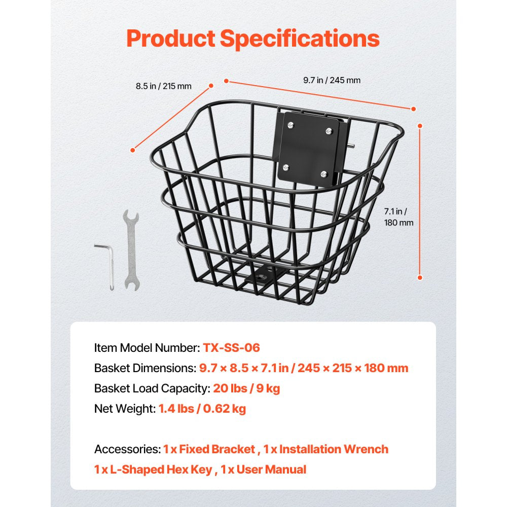 VEVOR Front Bike Basket, Electric Scooter Basket with Fixed Bracket - Max Bearing 20 lbs, Construct from Solid Steel, Kids Bike Basket/Adult Bicycle Basket/Knee Electric Scooter Accessories