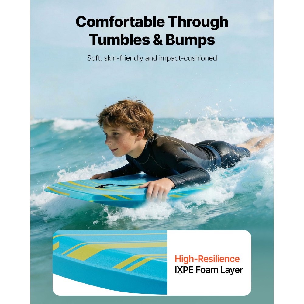 VEVOR 42-Inch Bodyboard, Body Board Trainer with EPS Foam Core & Wrist Leash, UV-Resistant Beach Bodyboard for Beginners, Youth Up to 180 lbs