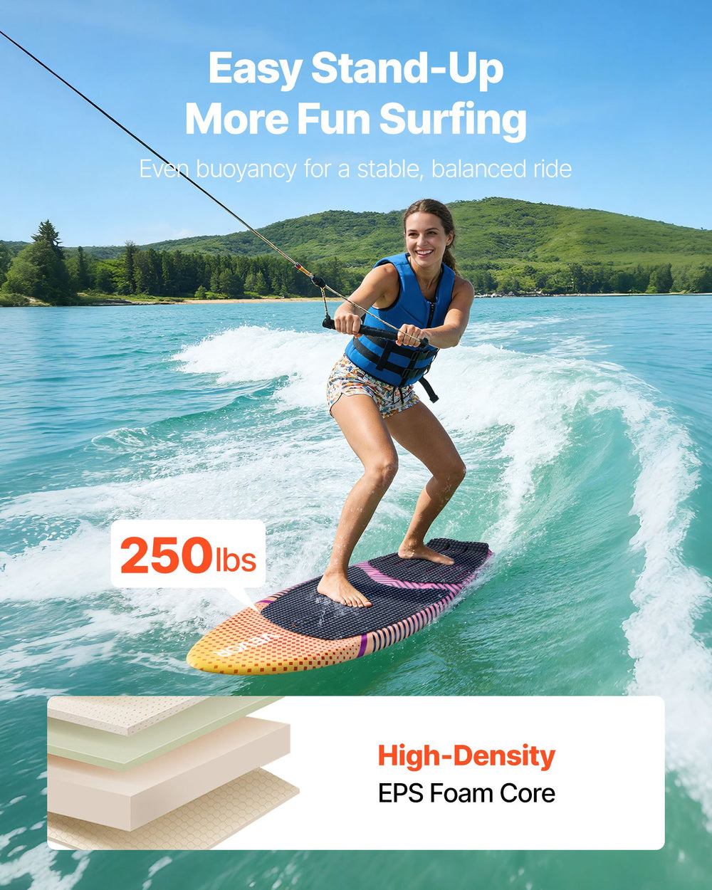 VEVOR wakesurf board - easy stand-up and EPS foam core (250 lbs)