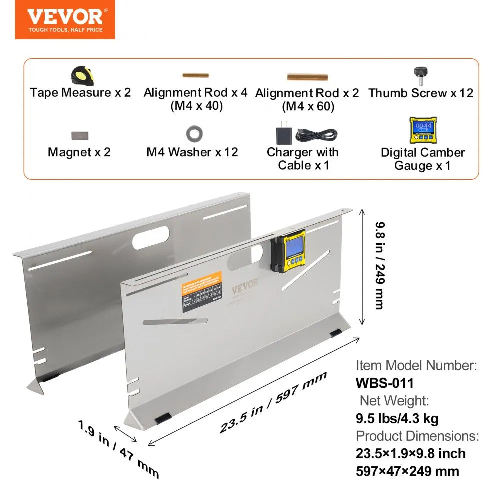 VEVOR Wheel Alignment Tool, 2-Pack Toe Plates, Camber/Caster/Toe Gauge 0.1° Accuracy, Stainless Steel Tool Plate, Magnetic Slots and 6 Alignment Rods, Includes 2 Measuring Tapes & Conversion Chart