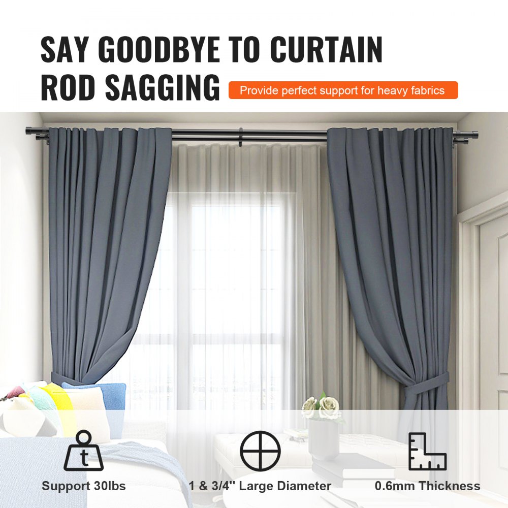 VEVOR 1 Inch Double Curtain Rods 36 to 72 Inches(3-6ft), Drapery Rods for Windows 24 to 68 Inches, Telescoping Dual Curtain Rod with Round Finials, Black