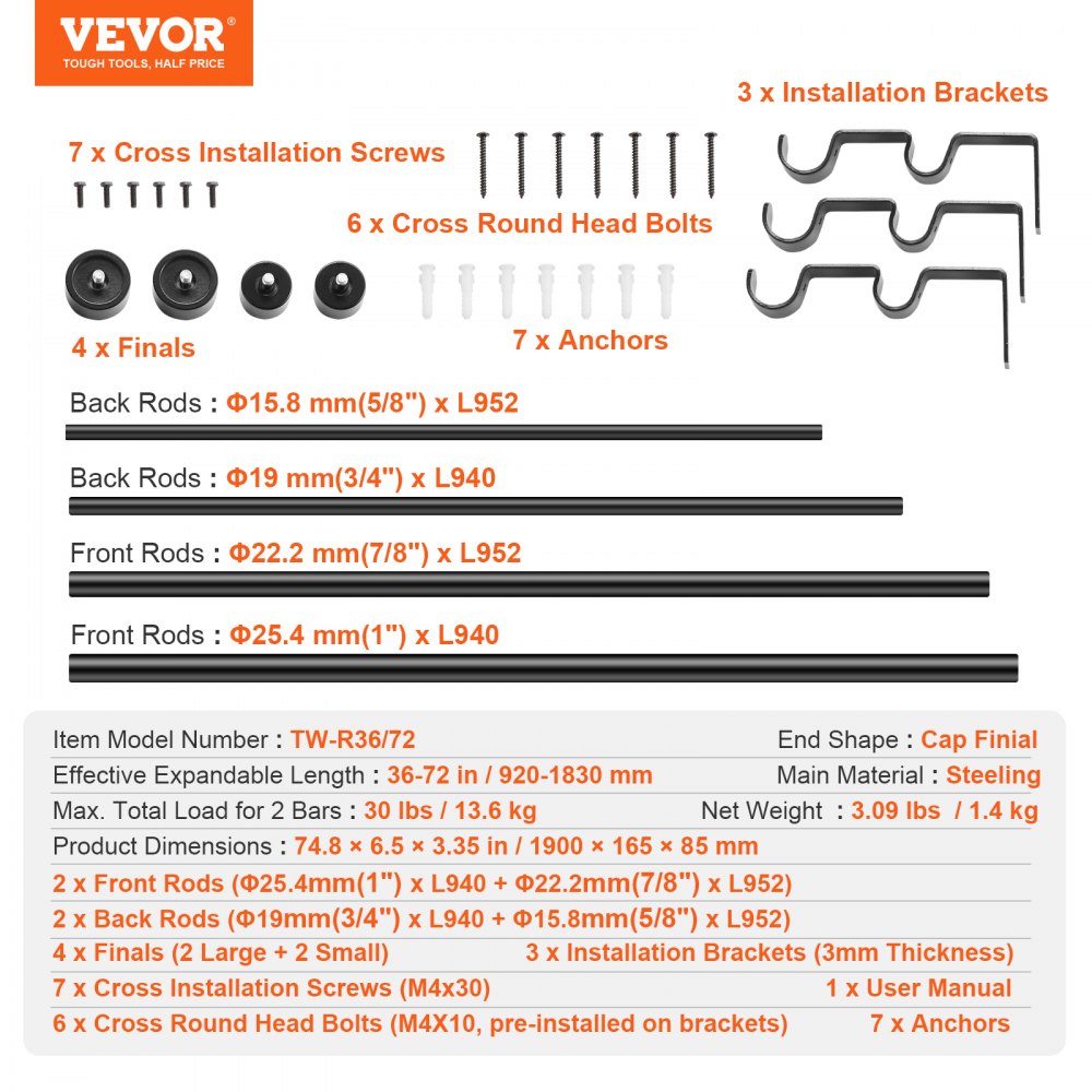 VEVOR 1 Inch Double Curtain Rods 36 to 72 Inches(3-6ft), Drapery Rods for Windows 24 to 68 Inches, Telescoping Dual Curtain Rod with Round Finials, Black