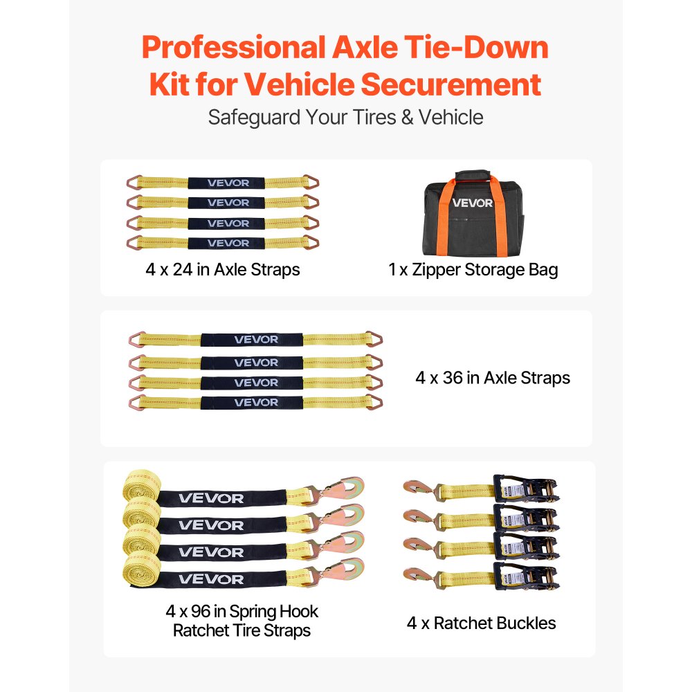 VEVOR Wheel Chock Tie-Down Kit, Axle Type Trailer Tie Down Strap, Car Tie Down Kit with Break Strength 10009 lbs, Working Load 3333 lbs, Trailer Ratchet Strap for ATV, UTV, & Heavy-Duty Pickup Trucks