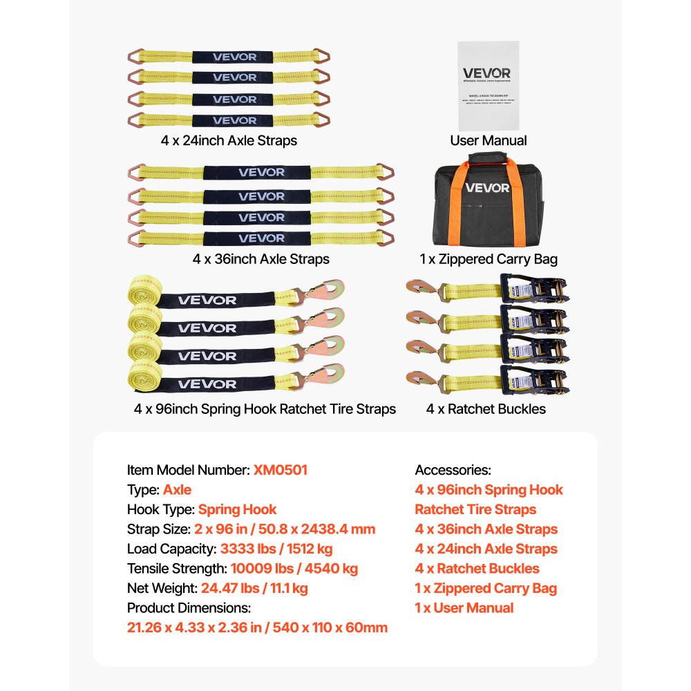VEVOR Wheel Chock Tie-Down Kit, Axle Type Trailer Tie Down Strap, Car Tie Down Kit with Break Strength 10009 lbs, Working Load 3333 lbs, Trailer Ratchet Strap for ATV, UTV, & Heavy-Duty Pickup Trucks