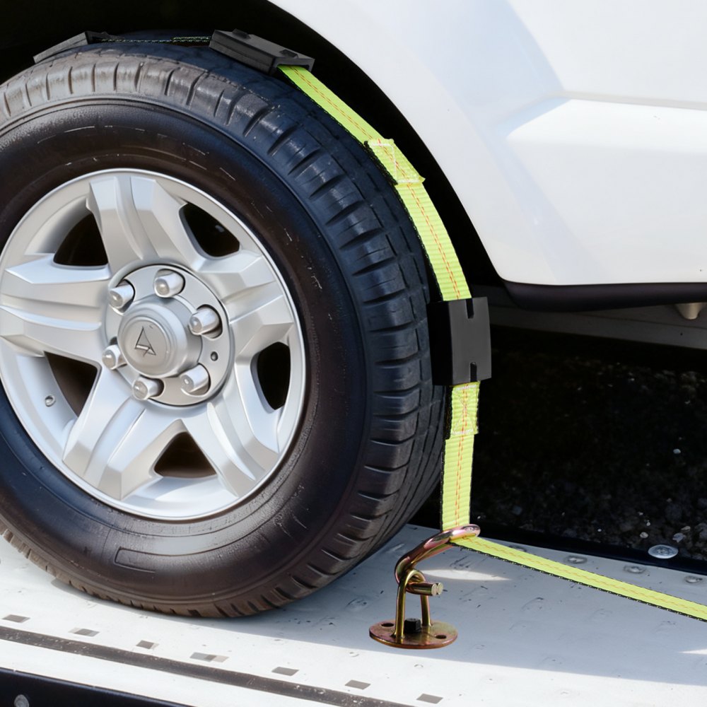 VEVOR Wheel Chock Tie-Down Kit, Deck-Style Trailer Tie Down Strap, Car Tie Down Kit with J-Hook, Break Strength 10009 lbs & Working Load 3333 lbs Motorcycle Tie-Down System for SUVs, Trailers, Trucks