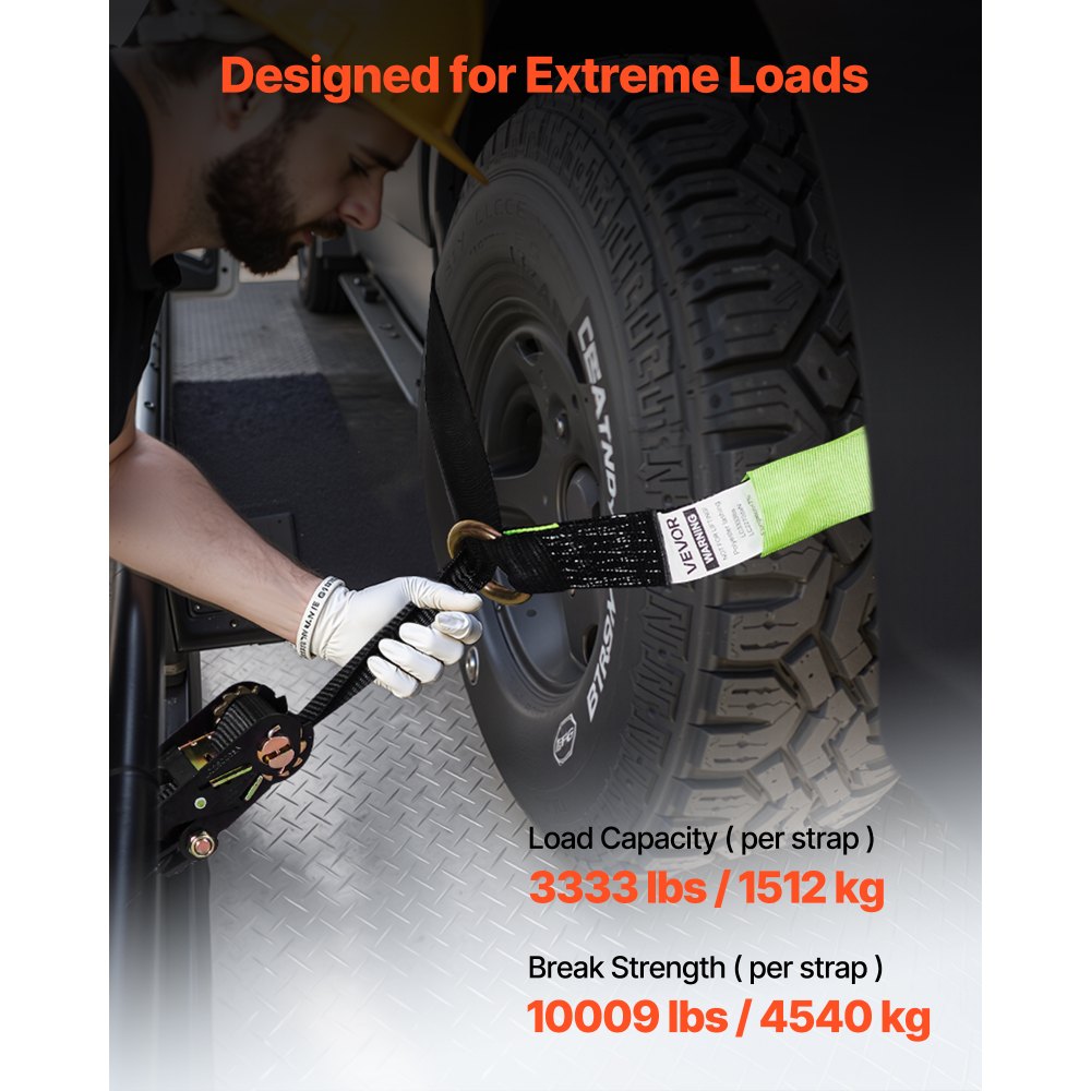 VEVOR Wheel Chock Tie-Down Kit, Tire-Style Trailer Tie Down Strap, Car Tie Down Kit with Flat Hook, Break Strength 10009 lbs & Working Load 3333 lbs Motorcycle Tie-Down System for ATVs, SUVs, Trailers