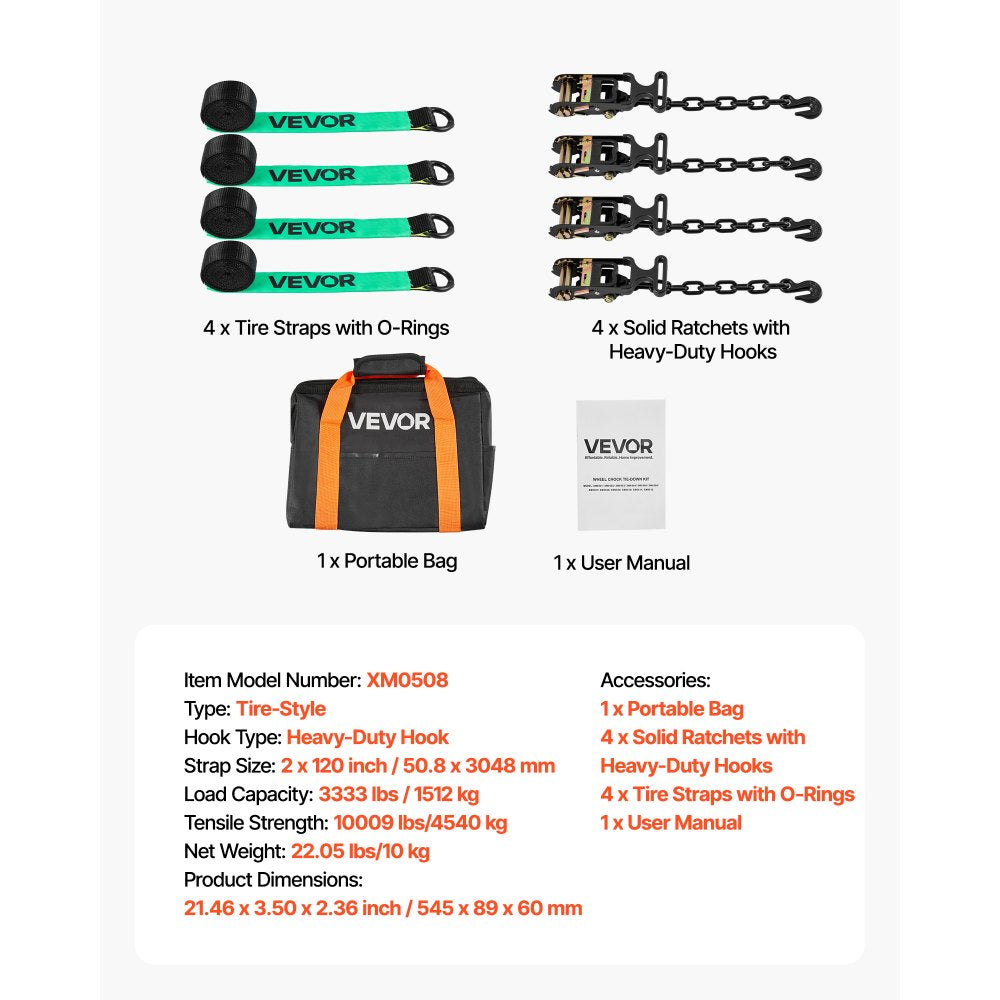 VEVOR Wheel Chock Tie-Down Kit, Tire-Style Tow Dolly Strap, Car Tie Down Kit with Heavy-Duty Hook, Break Strength 10009 lbs & Working Load 3333 lbs Motorcycle Tie-Down System for ATV, SUV, Trailer