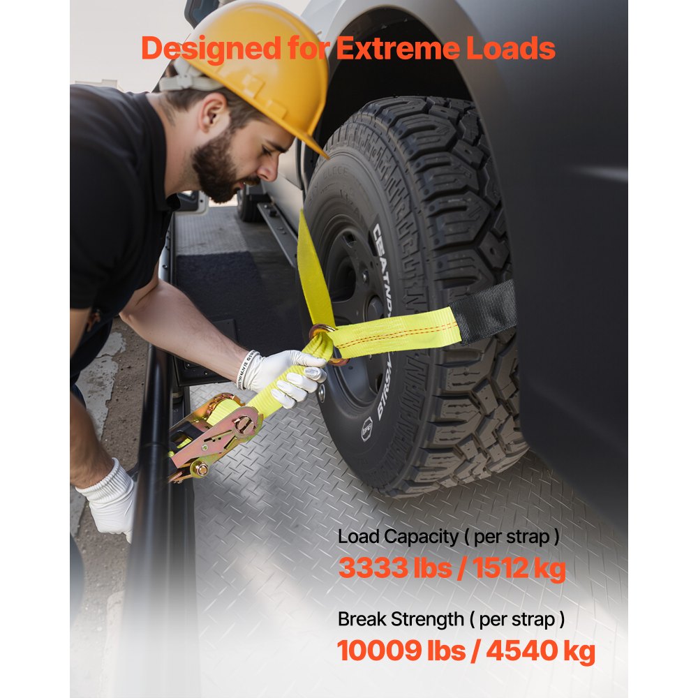 VEVOR Wheel Chock Tie-Down Kit, Tire-Style Tow Dolly Strap, Car Tie Down Kit with Heavy-Duty Hook, Break Strength 10009 lbs & Working Load 3333 lbs Motorcycle Tie-Down System for ATV, SUV, Snowmobiles