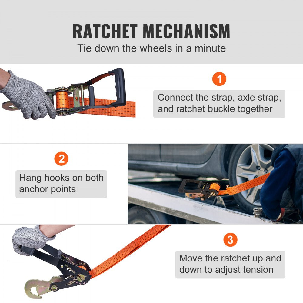 VEVOR Ratchet Tie Down Straps Kit, 2" x 120" Tire Straps, 5512 LBS Working Load, 11023 LBS Breaking Strength, Car Tie Down Straps with Snap Hooks for Passenger Car, Truck, Trailer, 4-Pack