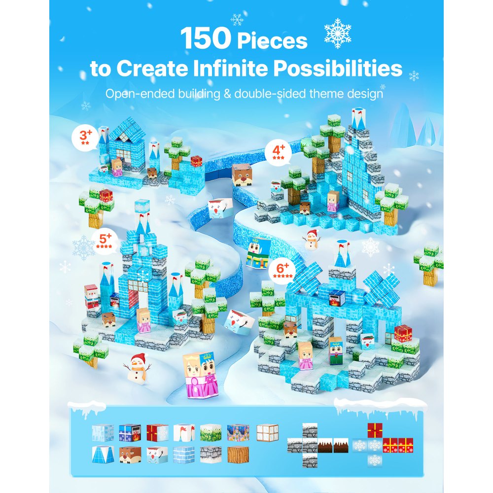 VEVOR Magnetic Blocks, 150 PCS Glacier Castle Set, Magnetic Building Cubes for Kids, STEM Montessori Sensory Toys for Christmas Birthday Gift, Construction Stacking Toy for 3+ Years Old Boys & Girls