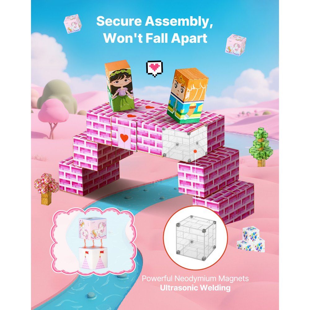 VEVOR Magnetic Blocks, 100 PCS Princess Castle Set, Magnetic Building Cubes for Kids, STEM Montessori Sensory Toys for Christmas Birthday Gift, Construction Stacking Toy for 3+ Years Old Boys & Girls