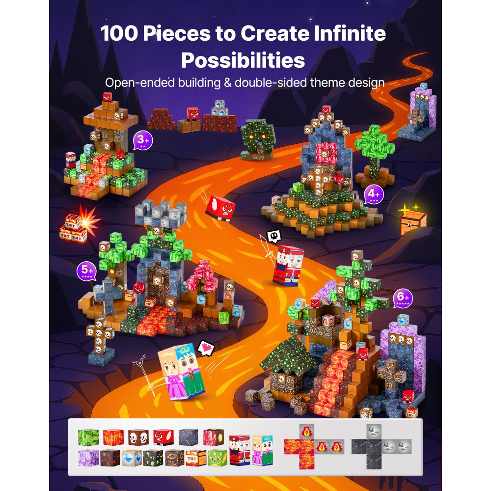 VEVOR Magnetic Blocks, 100 PCS Dark Castle Set, Magnetic Building Cubes for Kids, STEM Montessori Sensory Toys for Christmas Birthday Gift, Construction Stacking Toy for 3+ Years Old Boys & Girls