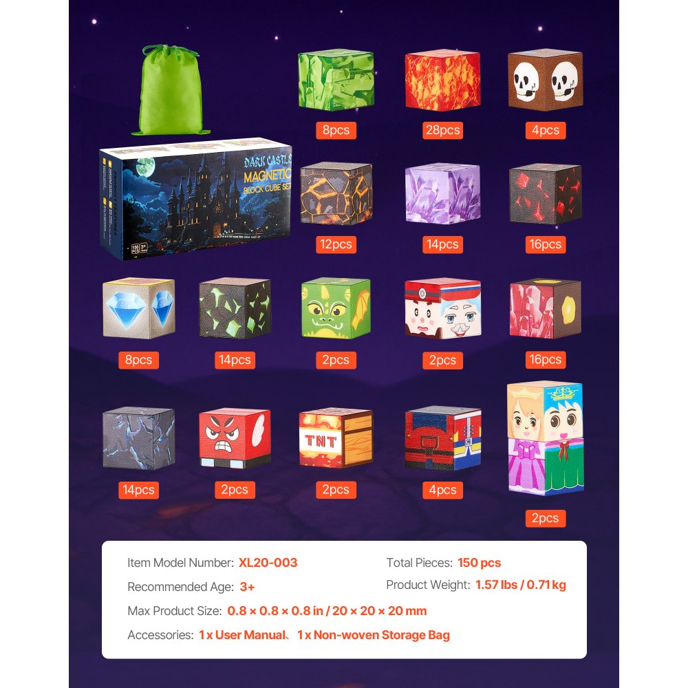 VEVOR Magnetic Blocks, 150 PCS Dark Castle Set, Magnetic Building Cubes for Kids, STEM Montessori Sensory Toys for Christmas Birthday Gift, Construction Stacking Toy for 3+ Years Old Boys & Girls