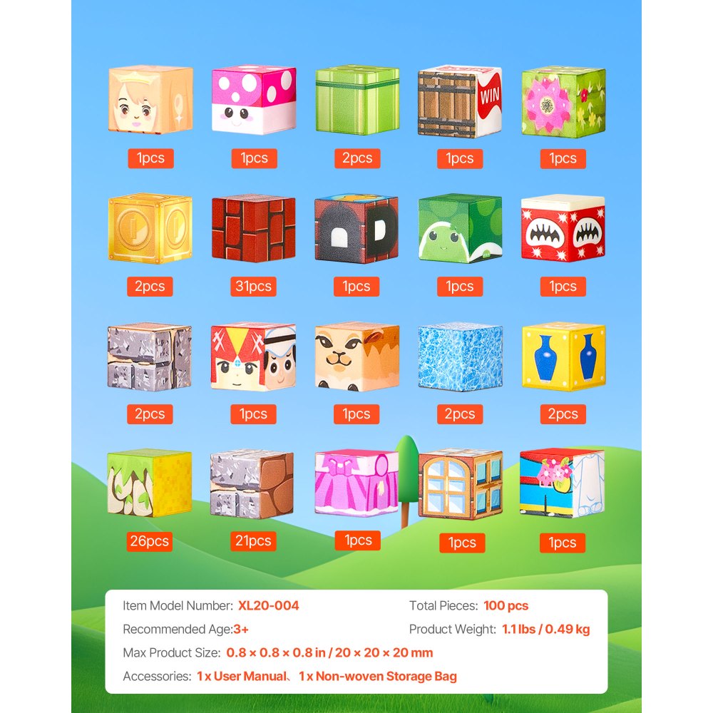 VEVOR Magnetic Blocks, 100 PCS Magnet Blocks Set, Magnetic Building Cubes for Kids, STEM Montessori Sensory Toys for Christmas Birthday Gift, Construction Stacking Toy for 3+ Years Old Boys & Girls