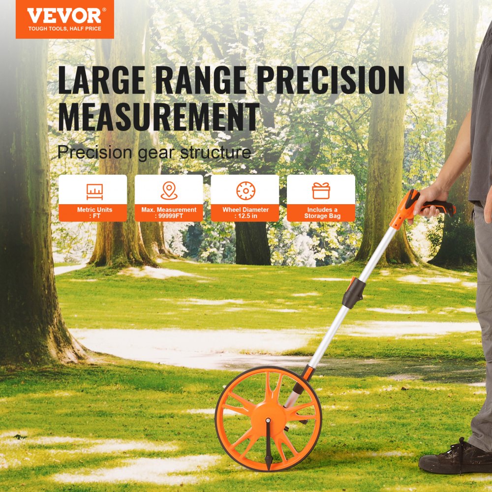 VEVOR Measuring Wheel in Feet, 12.5 in Wheel Diameter, 39.37-15.75 in Telescoping Measure Wheel, Measurement 0-99999Ft with Back Bag, Suitable for Lawn/Hard/Soft/Wood Road Measuring