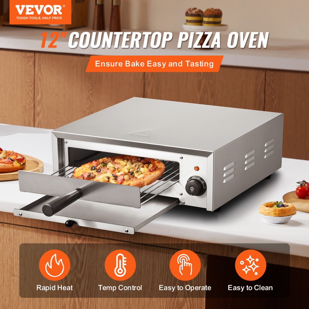 VEVOR Countertop Electric Pizza Oven, 12-inch, 1500W, 32-572 °F Temp Range, Stainless Steel Construction and Easy-to-Clean Crumb Tray, Suitable for Both Commercial and Home Use
