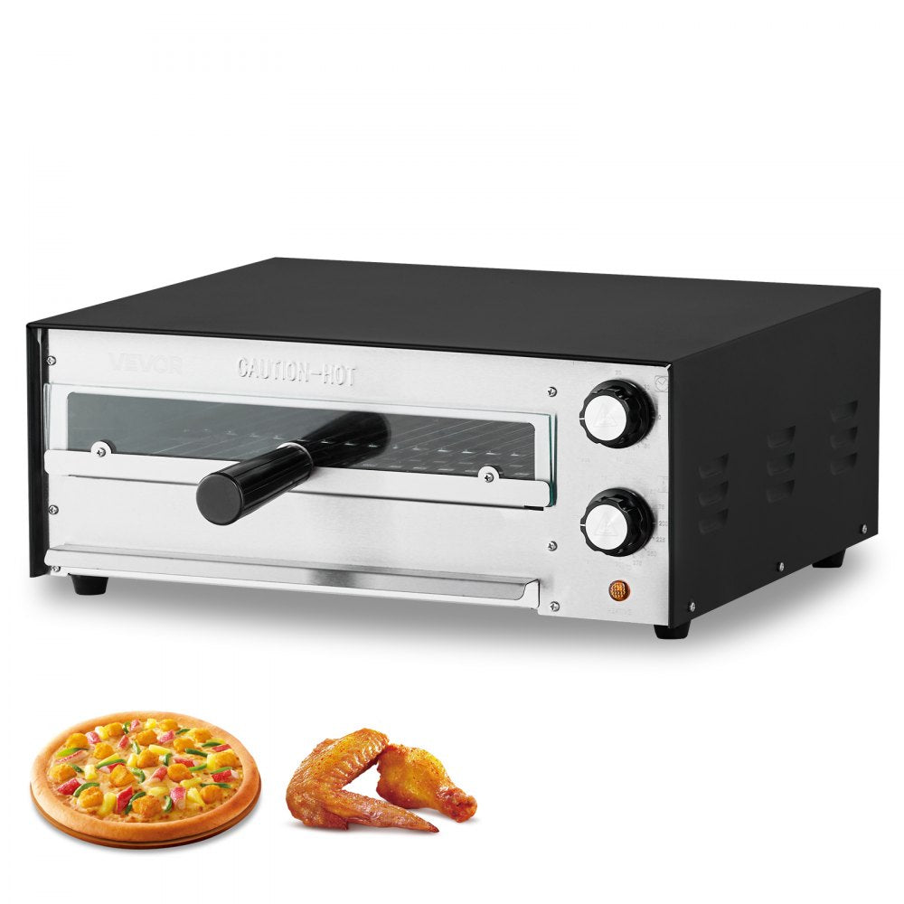 VEVOR Electric Pizza Oven, 12-inch Countertops Pizza Ovens, 572°F Max Temp, 1450W Indoor Pizzas Maker w/Timing & Temp Control, Pizza Cooker w/Dual Heat Tube, Crumb Tray, for Diner and Home Kitchen