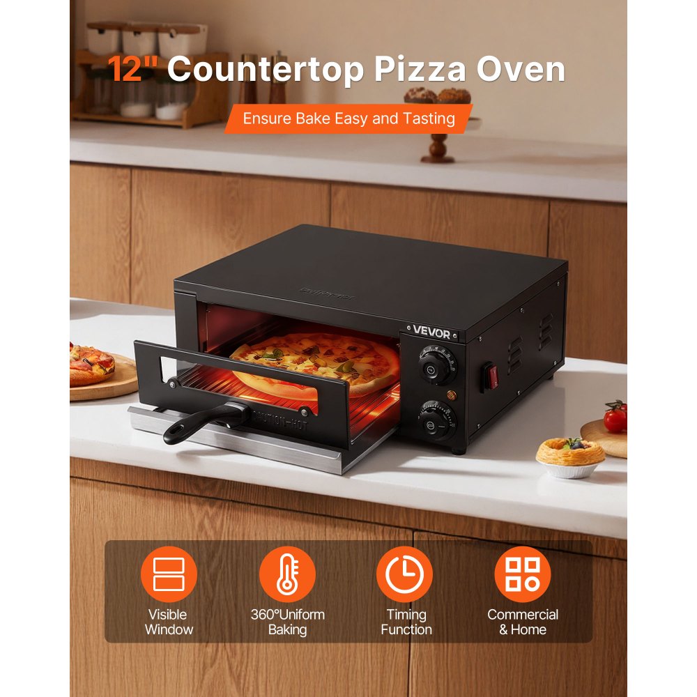 VEVOR Electric Pizza Oven, 12 in Countertop Pizza Oven, 77 to 572°F Temp Range, 1450W Indoor Pizzas Maker w/Timing & Temp Control, Pizzas Cooker w/Dual Heat Tube, Grill Rack, for Kitchen & Commercial
