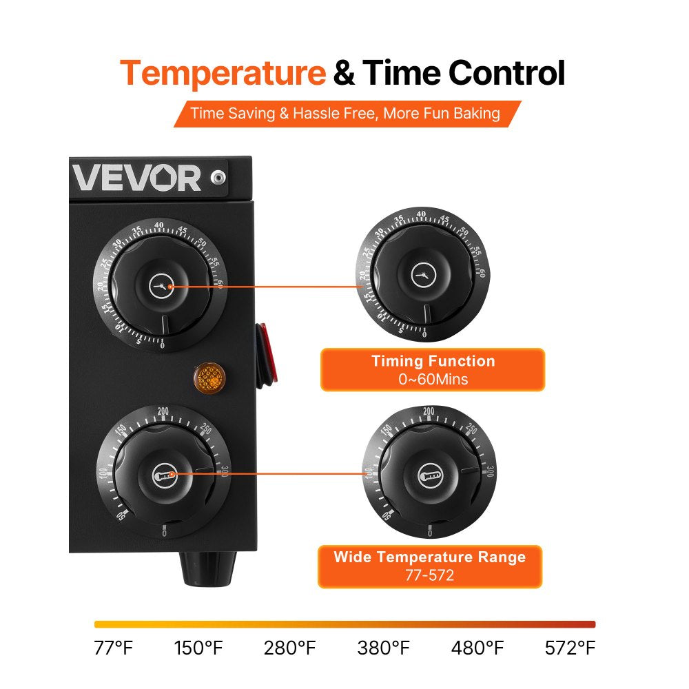 VEVOR Electric Pizza Oven, 12 in Countertop Pizza Oven, 77 to 572°F Temp Range, 1450W Indoor Pizzas Maker w/Timing & Temp Control, Pizzas Cooker w/Dual Heat Tube, Grill Rack, for Kitchen & Commercial