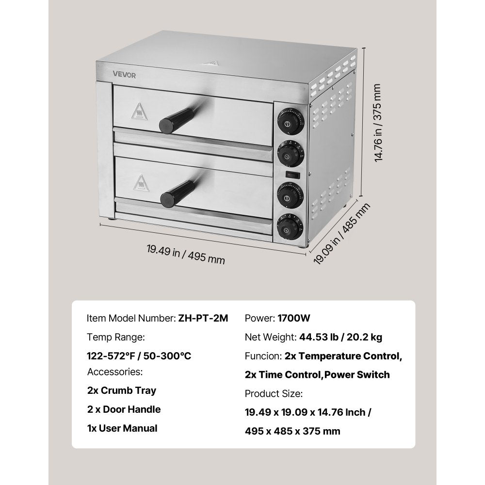 VEVOR Electric Pizza Oven for Countertops, 12-inch, 1700W, with Temp Control & 0-60 Min Timer, Even Baking Technology & Easy Clean Crumb Tray, Ideal for Both Commercial & Home Kitchens