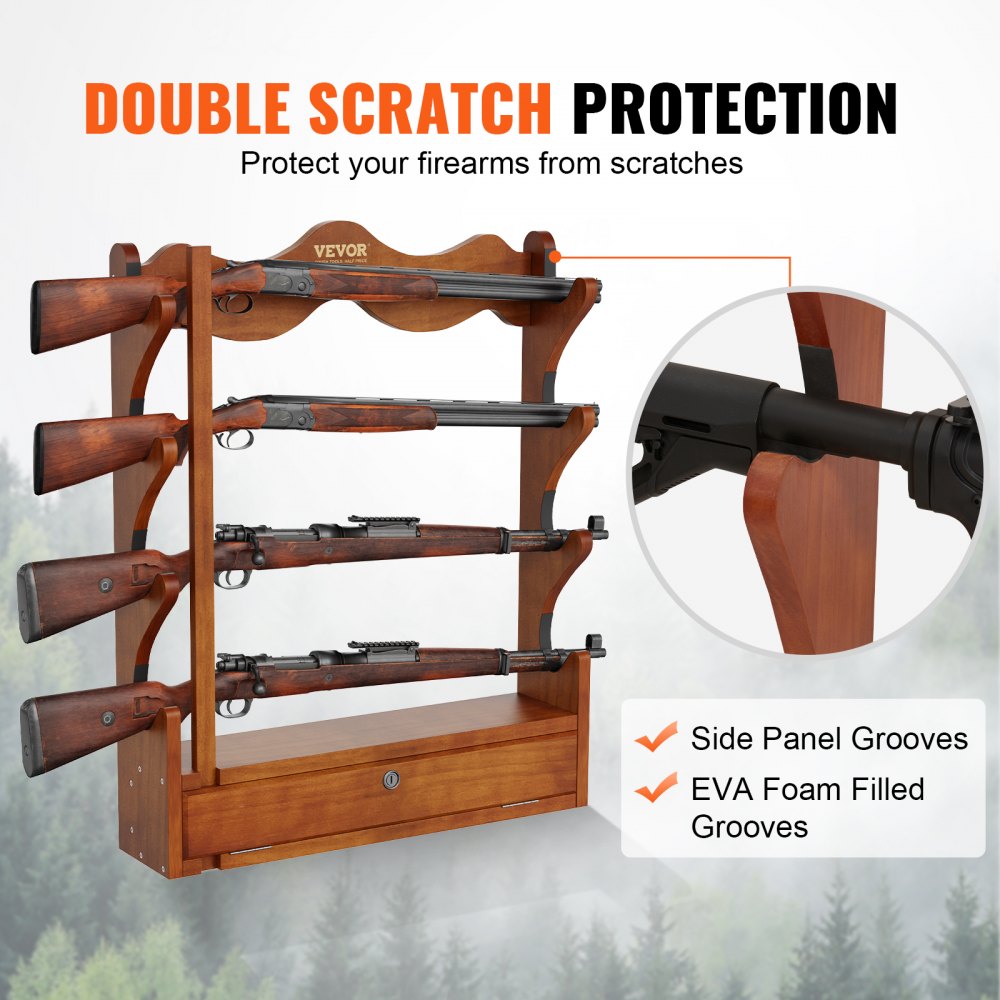 VEVOE Gun Rack, Wood Gun Rack Wall Mount, Gun Display Rack holds 4 Rifles, Shotguns, 132 lb Heavy Duty Wall Storage Display Rifle Rack with Soft Padding