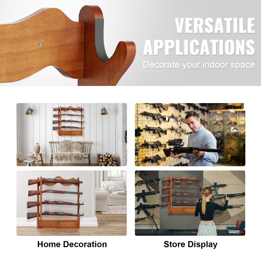 VEVOE Gun Rack, Wood Gun Rack Wall Mount, Gun Display Rack holds 4 Rifles, Shotguns, 132 lb Heavy Duty Wall Storage Display Rifle Rack with Soft Padding