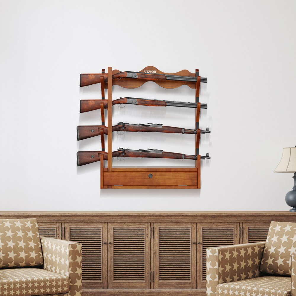 VEVOE Gun Rack, Wood Gun Rack Wall Mount, Gun Display Rack holds 4 Rifles, Shotguns, 132 lb Heavy Duty Wall Storage Display Rifle Rack with Soft Padding
