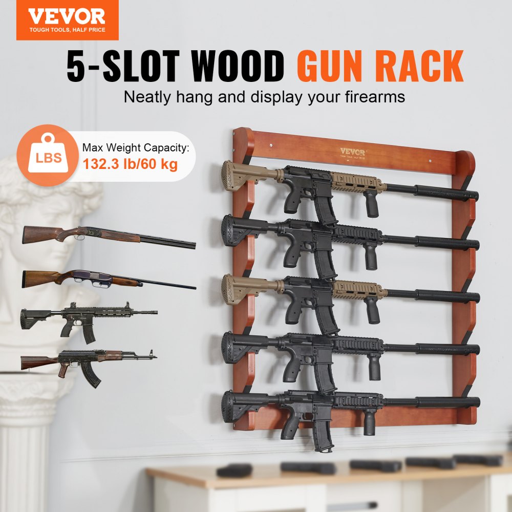 VEVOR Gun Rack, Wood Gun Rack Wall Mount, Gun Display Rack holds 5 Rifles, Shotguns, 132 lb Heavy Duty Wall Storage Display Rifle Rack with Soft Padding
