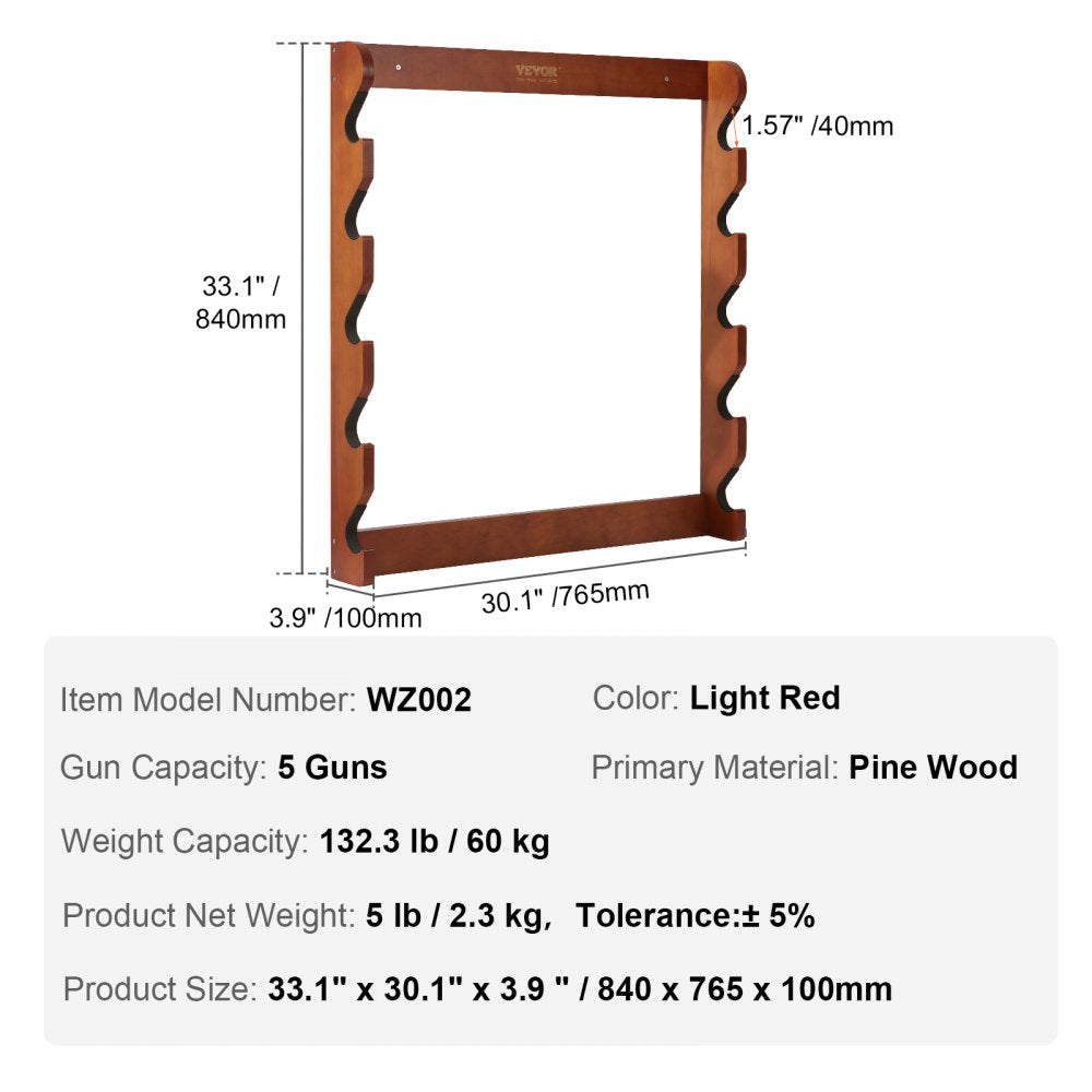 VEVOR Gun Rack, Wood Gun Rack Wall Mount, Gun Display Rack holds 5 Rifles, Shotguns, 132 lb Heavy Duty Wall Storage Display Rifle Rack with Soft Padding