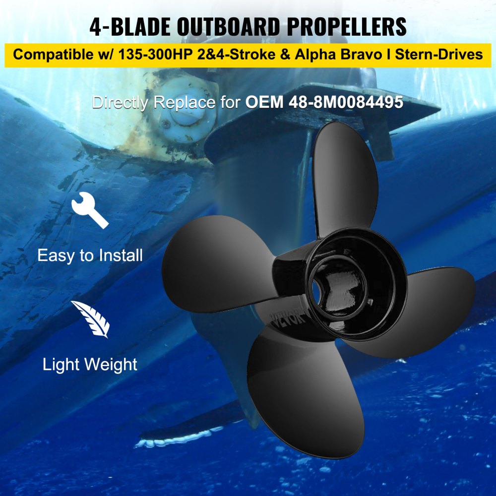 VEVOR Outboard Propeller, Replace for OEM 48-8M0084495, 4 Blades 14\" x 19\" Aluminium Boat Propeller, Compatible with 135-300HP 2-Stroke & 4-Stroke Outboards, Alpha&Bravo I Stern-Drives, RH