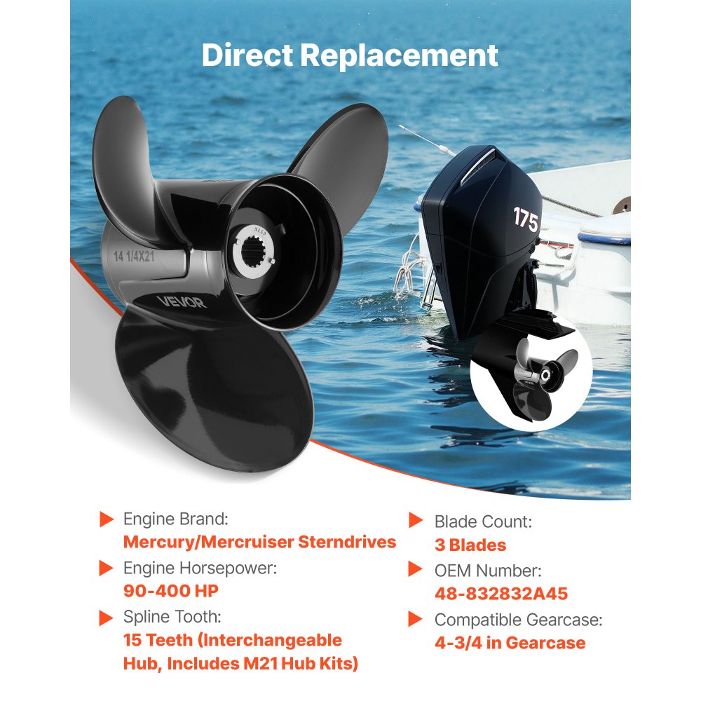 VEVOR Outboard Propeller, Upgrade OEM 15 Spline Tooth Aluminum Outboard Boat Propeller Fit Mercury/Mariner Engines 90-400 HP, 4-3/4" Gearcase, 3-Blade, RH (Right Hand Rotation), OEM No. 48-832832A45