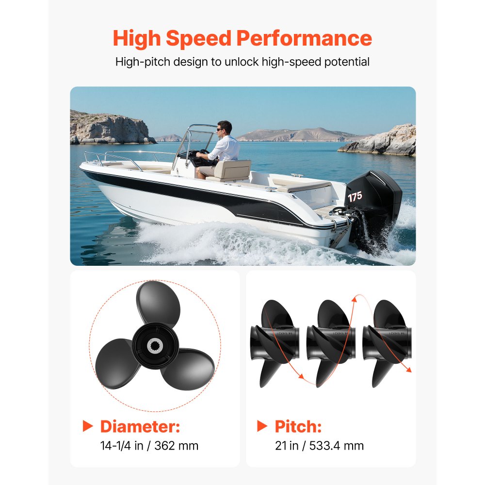 VEVOR Outboard Propeller, Upgrade OEM 15 Spline Tooth Aluminum Outboard Boat Propeller Fit Mercury/Mariner Engines 90-400 HP, 4-3/4" Gearcase, 3-Blade, RH (Right Hand Rotation), OEM No. 48-832832A45