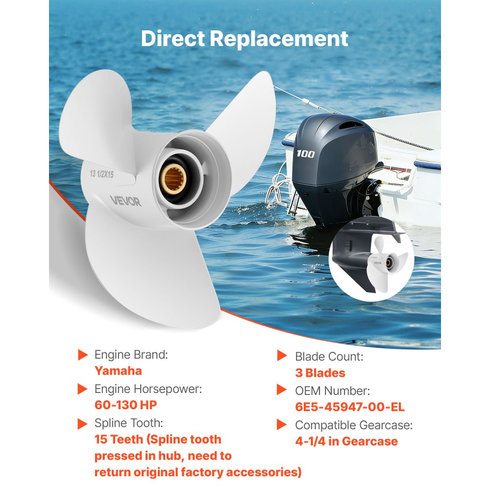 VEVOR Outboard Propeller, Upgrade OEM 15 Spline Tooth Aluminum Outboard Boat Propeller Fit Yamaha Engines 60-130 HP, 4-1/4" Gearcase, 3-Blade, RH (Right Hand Rotation), OEM Parts No. 6E5-45947-00-EL
