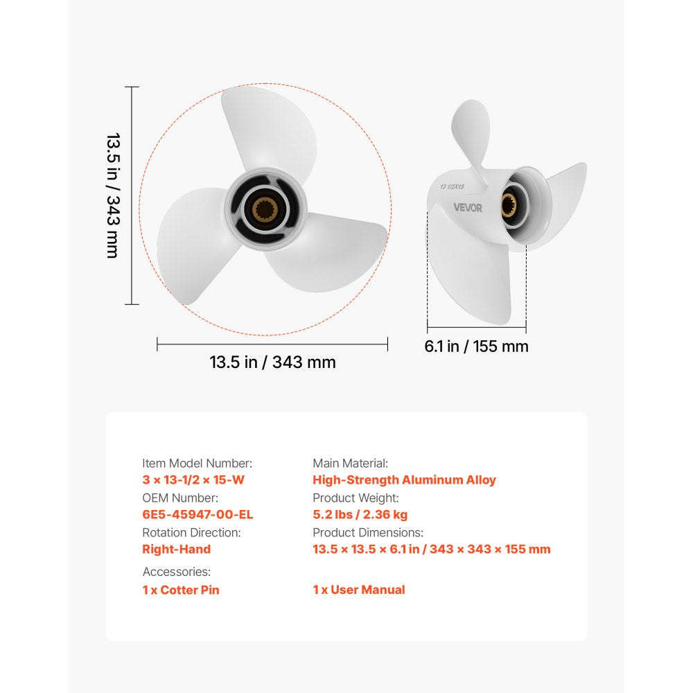 VEVOR Outboard Propeller, Upgrade OEM 15 Spline Tooth Aluminum Outboard Boat Propeller Fit Yamaha Engines 60-130 HP, 4-1/4" Gearcase, 3-Blade, RH (Right Hand Rotation), OEM Parts No. 6E5-45947-00-EL