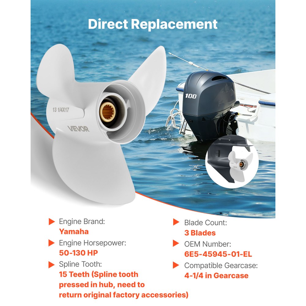 VEVOR Outboard Propeller, Upgrade OEM 15 Spline Tooth Aluminum Outboard Boat Propeller Fit Yamaha Engines 50-130 HP, 4-1/4" Gearcase, 3-Blade, RH (Right Hand Rotation), OEM Parts No. 6E5-45945-01-EL