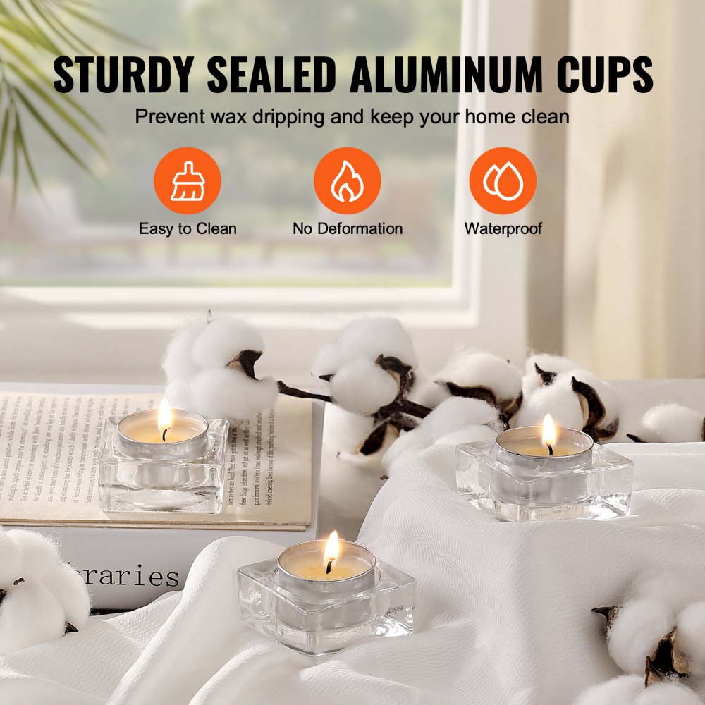 VEVOR 200 Pack Unscented Tea Lights Candles 6.5 Hours Long Burning Smokeless Tealight Candles, Dripless with Aluminum Cups, Natural Palm Wax Votive Candles for Home, Weddings, Christmas, White