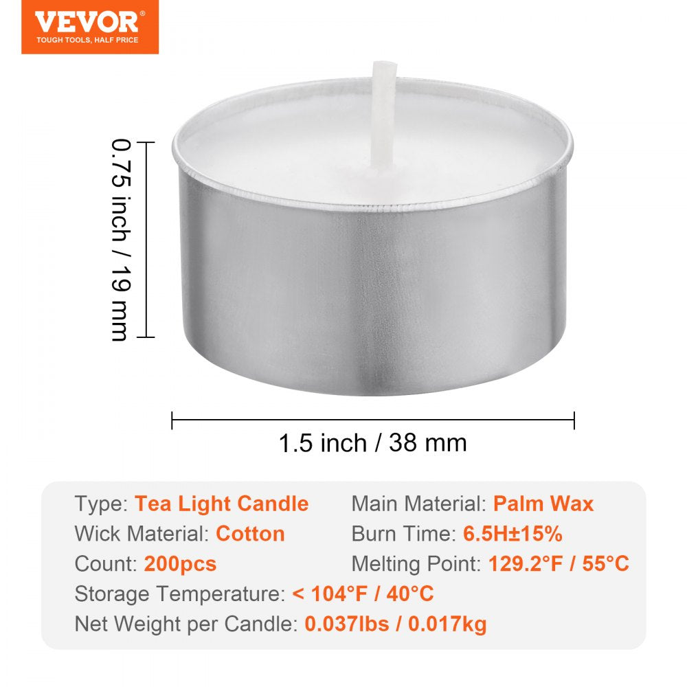 VEVOR 200 Pack Unscented Tea Lights Candles 6.5 Hours Long Burning Smokeless Tealight Candles, Dripless with Aluminum Cups, Natural Palm Wax Votive Candles for Home, Weddings, Christmas, White