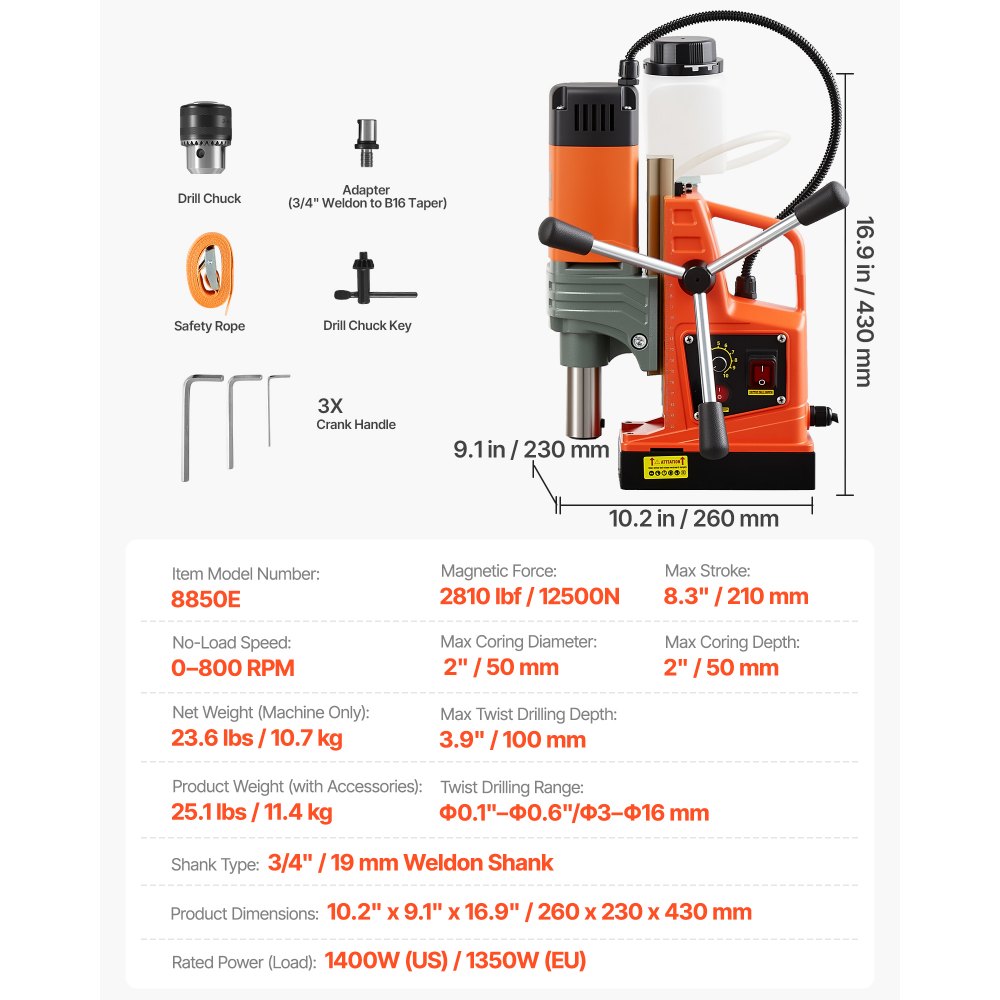 VEVOR Magnetic Drill Press, 1400 W, 2 in Boring Diameter, 2810 lbf Power Portable Mag Drill Press, 0–800 RPM Adjustable Speed, with Weldon Shank, for Metal Surface, Industrial and Home Improvement