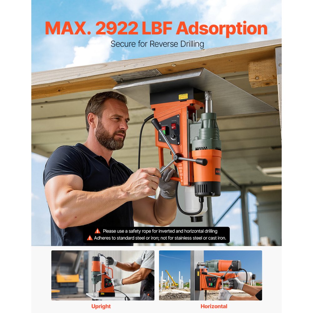 VEVOR Magnetic Drill, 1550W Motor 2 in Coring Diameter, 2922 lbf Magnetic Force, 0-550 RPM Variable Speed, Portable Electric Mag Drill Press Drilling Machine for Metal Surface, Home Improvement