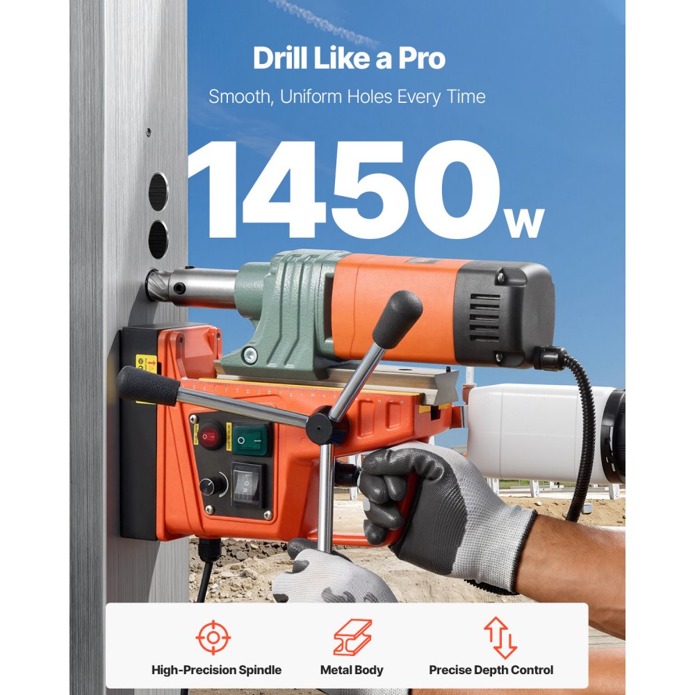 VEVOR Magnetic Drill, 1450W Motor 2 in Coring Diameter, 2922 lbf Magnetic Force, Portable Electric Mag Drill Press with 6 Coring Bits, Variable Speed, Drilling Machine for Metal Surface, Industrial