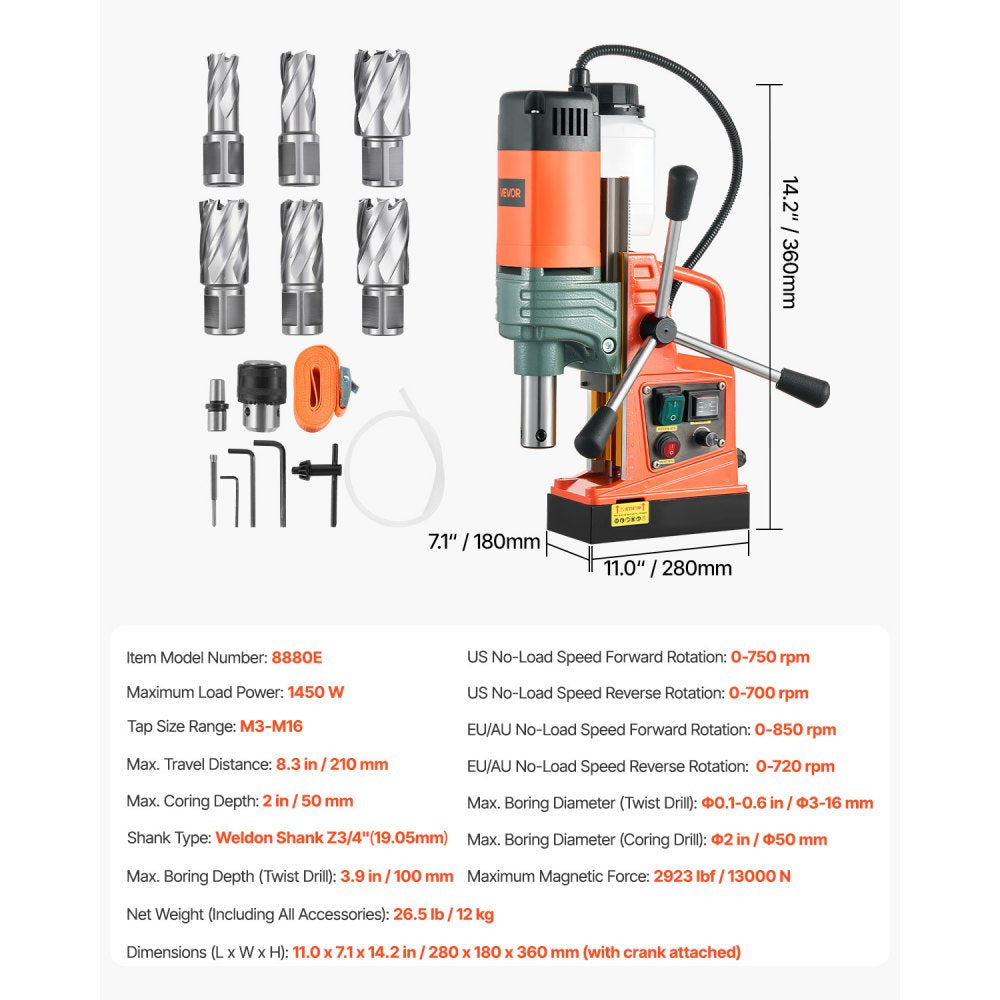 VEVOR Magnetic Drill, 1450W Motor 2 in Coring Diameter, 2922 lbf Magnetic Force, Portable Electric Mag Drill Press with 6 Coring Bits, Variable Speed, Drilling Machine for Metal Surface, Industrial