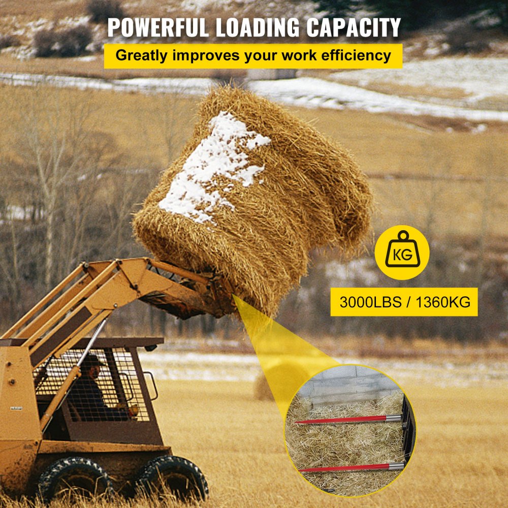 VEVOR Pair Hay Spear 43" Bale Spear 3000 lbs Capacity, Bale Spike Quick Attach Square Hay Bale Spears 1 3/4", Red Coated Bale Forks, Bale Hay Spike with Hex Nut & Sleeve for Buckets Tractors Loaders
