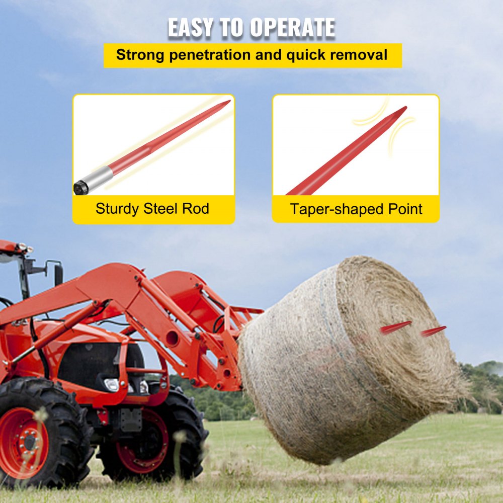 VEVOR Pair Hay Spear 43" Bale Spear 3000 lbs Capacity, Bale Spike Quick Attach Square Hay Bale Spears 1 3/4", Red Coated Bale Forks, Bale Hay Spike with Hex Nut & Sleeve for Buckets Tractors Loaders