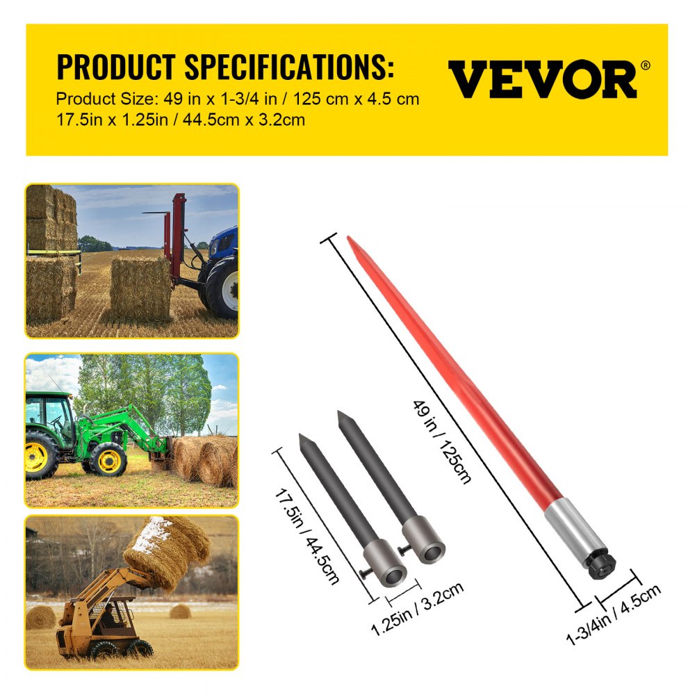 49" Hay Bale Spear 3000 lbs Capacity with Nut and Sleeve