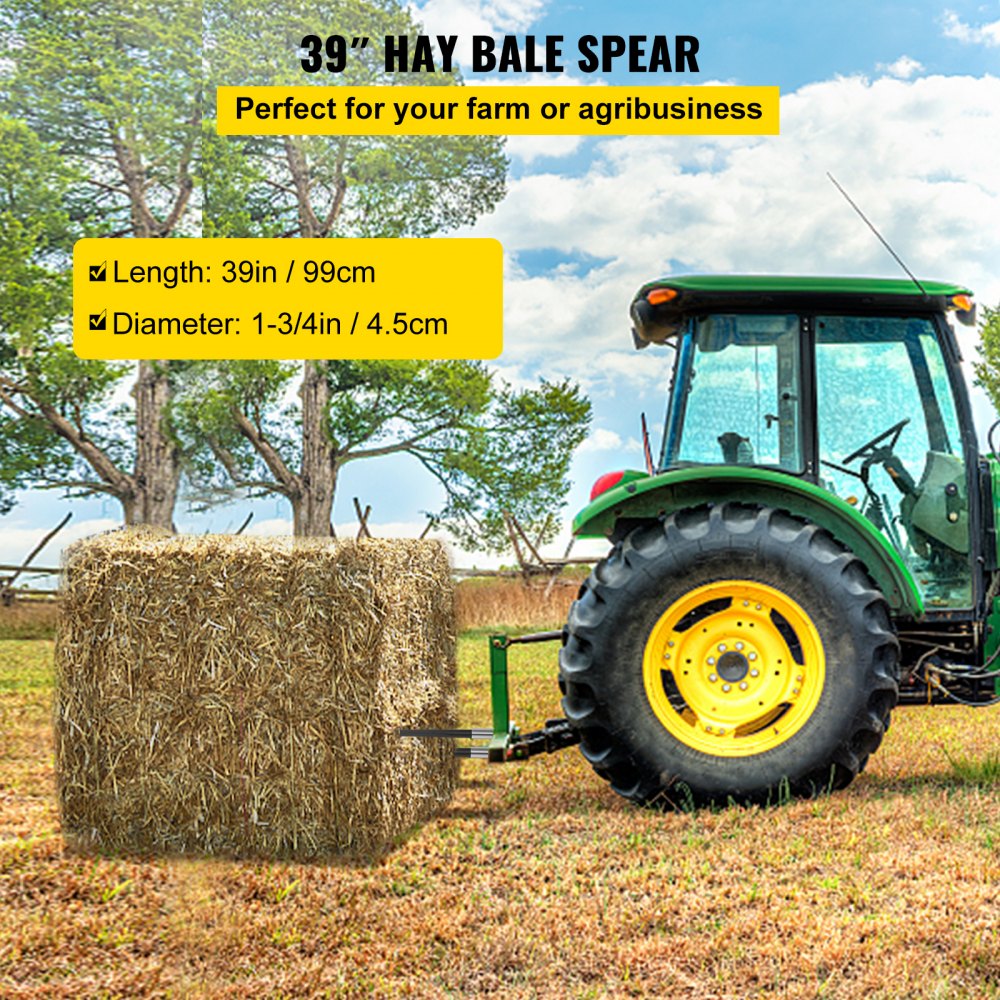 VEVOR Hay Spear 39\" Bale Spear 3600 lbs Capacity, Bale Spike Quick Attach Square Hay Bale Spears 1 3/4\", Black Coated Bale Forks, Bale Hay Spike with Hex Nut and Sleeve for Buckets Tractors Loaders