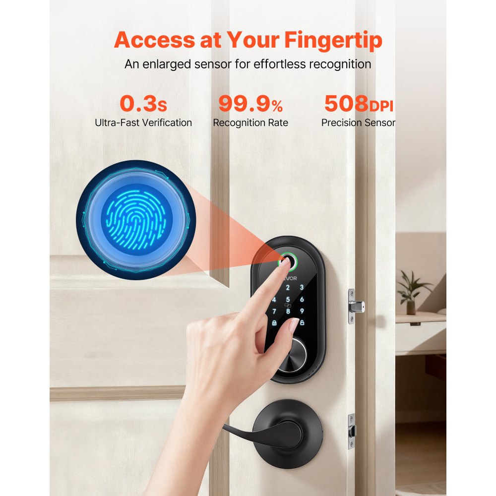 VEVOR Fingerprint Door Lock Set, Electronic Biometric Deadbolt Keyless Entry Door Lock with Handle, Touchscreen, Auto Locking, One-Time Code, Anti-Peeking Password, IC Cards, for Home, Matte Black
