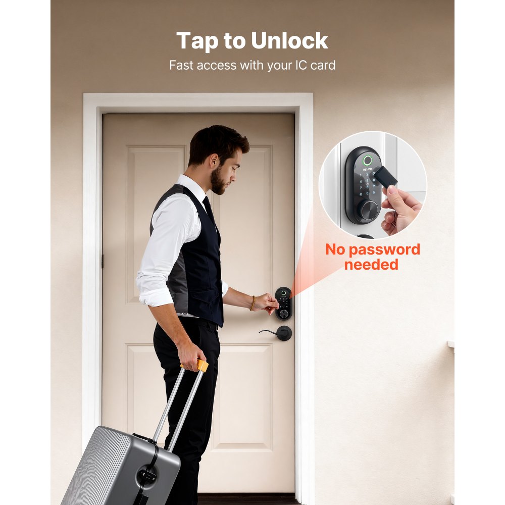 VEVOR Fingerprint Door Lock Set, Electronic Biometric Deadbolt Keyless Entry Door Lock with Handle, Touchscreen, Auto Locking, One-Time Code, Anti-Peeking Password, IC Cards, for Home, Matte Black