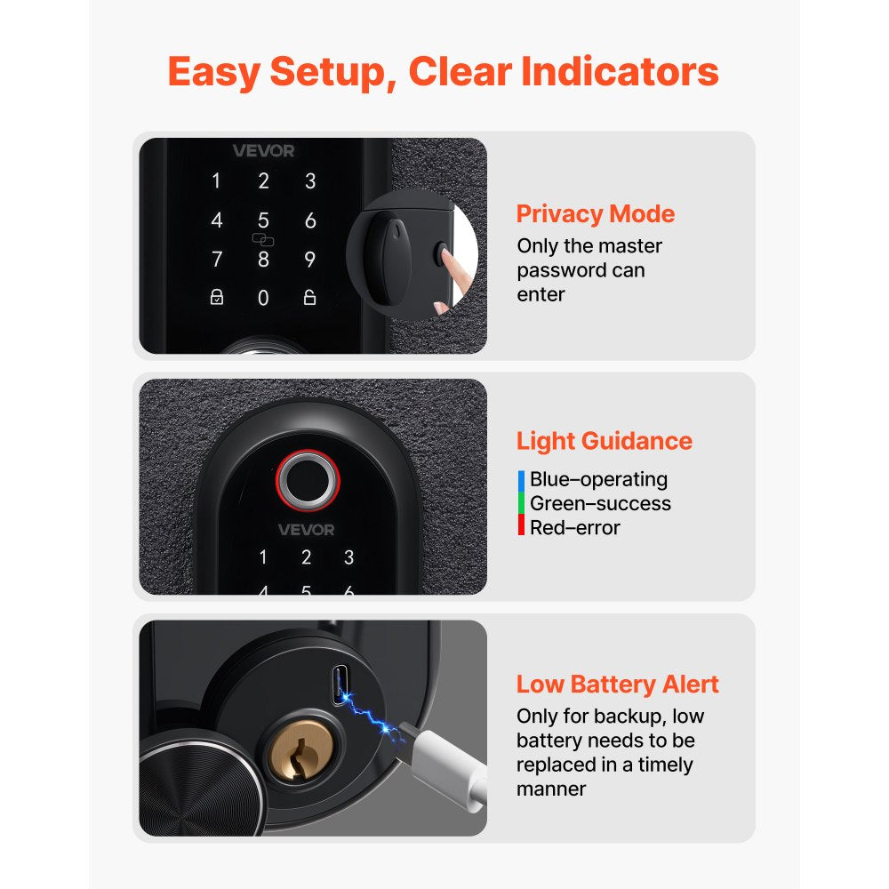 VEVOR Fingerprint Door Lock Set, Electronic Biometric Deadbolt Keyless Entry Door Lock with Handle, Touchscreen, Auto Locking, One-Time Code, Anti-Peeking Password, IC Cards, for Home, Matte Black